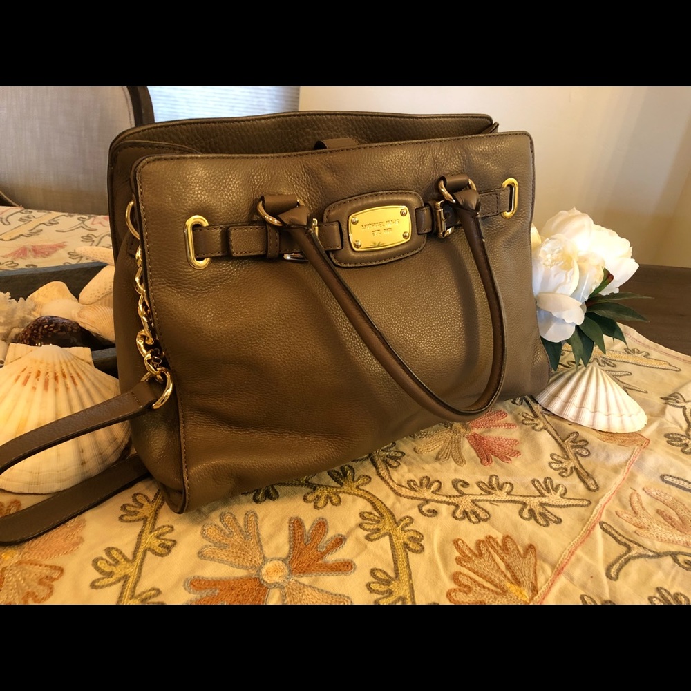 Michael Kors large dark tan satchel w gold chain.